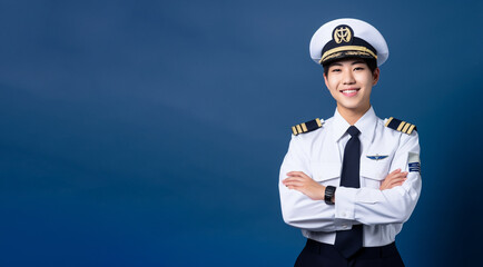 a smiling young woman wearing pilot clothes in dark blue background generative ai