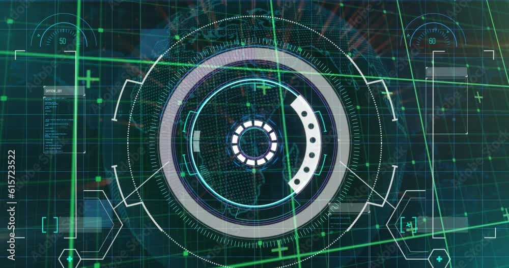Poster animation of circles and computer language over map and globe against abstract background