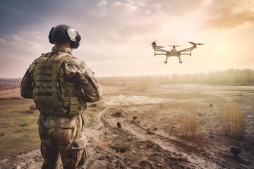 Soldier on the battlefield with military drone.
