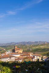 Fototapeta na wymiar Castle and town with vineyard in Barolo, Langhe region, Piedmont, Italy