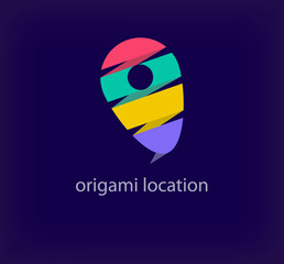 Creative origami location logo. Unique color transitions. Unique folding art location form logo template. vector