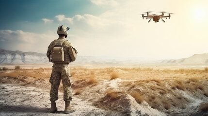 Soldier on the battlefield with military drone.