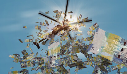 Kuwait Dinar KWD 20 banknotes helicopter money dropping 3d illustration