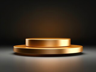 3d rendering of golden geometric shapes round table, podium in room.