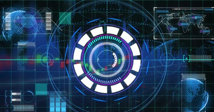 Animation of arc reactor, loading bars and circles, map over graph and globes on abstract background