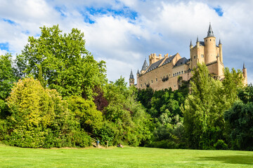 Exterior view of the Alcázar of Segovia, Spain on a sunny day
