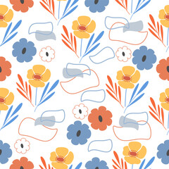 Seamless pattern with beautiful bright flowers on white background. Vector for summer background, wallpaper, fabric, backdrop, picture frames, webpage, surface textures