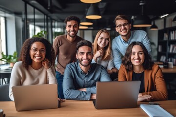 multiethnic startup business team on meeting in modern loft office. Diverse team of happy modern corporate company workers Group of joyful mixed race multiethnic people in office. generative AI