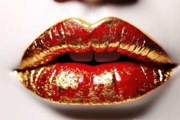 Close up shot of beautiful female lips, red and gold glossy lips, ruby smile, sexy make-up. generative AI