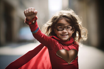 Happy girl in super hero costume with Generative AI