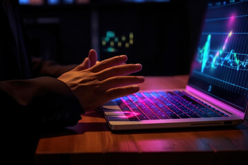 Male hands are typing on a laptop keyboard, a man works, develops a business, studies, plays a computer game at night. Ai generative. Illustration.