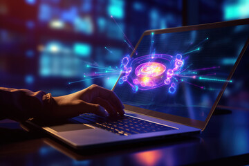 Male hands are typing on a laptop keyboard, a man works, develops a business, studies, plays a computer game at night. Ai generative. Illustration.