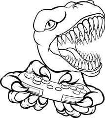 A dinosaur T Rex or raptor gamer player cartoon animal sports mascot holding a video game controller in its claw