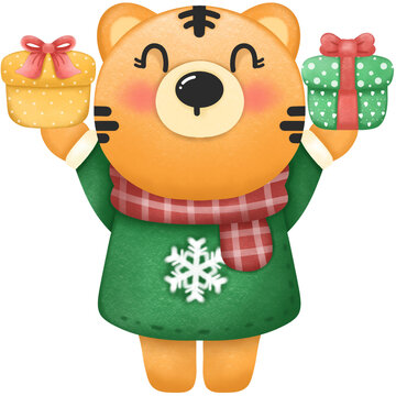 Merry Christmas cartoon cute little tiger wearing green sweater wearing red plaid scarf holding a gift box and red balloons yes as an illustration