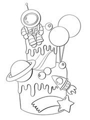 contour line illustration sketch style astronaut cake for boy berries and chocolate menu design element postcard advertising coloring page print and cover media