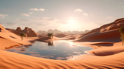 A mirage, translucent, beautiful oasis lake between sand dunes in the desert