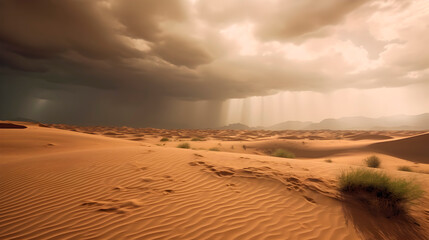 Fototapeta na wymiar A rainy day in the hot desert with sand dunes
