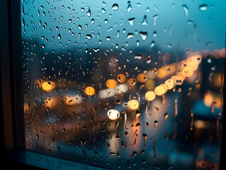 Close up photo of rain drops on the window, behind which is a blurred night cityscape with traffic lights