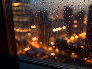 Close up photo of rain drops on the window, behind which is a blurred night cityscape with traffic lights