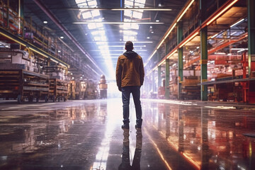 a man on a factory floor is walking through the factory with Generative AI