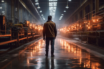Fototapeta premium a man on a factory floor is walking through the factory with Generative AI