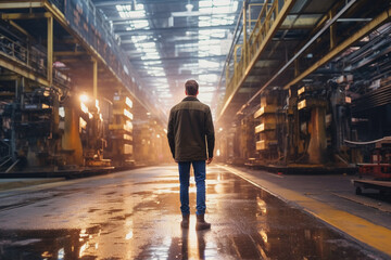 Fototapeta premium a man on a factory floor is walking through the factory with Generative AI