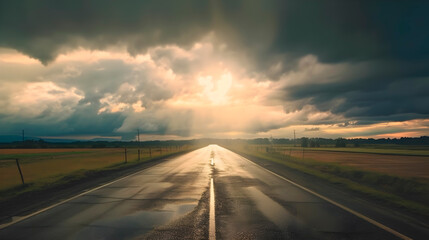 Fototapeta premium Sky in early autumn, rainy and windy day weather, a bright ray breaks through the gray clouds