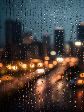 Close up photo of rain drops on the window, behind which is a blurred night cityscape with traffic lights © shooreeq