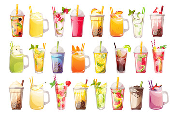 Large set of summer cocktails and drinks. Mojito, smoothies with various fruits, bubble tea, lemonade. Vector illustration.