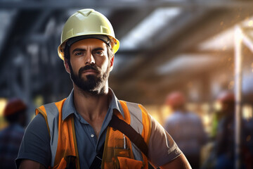 Fototapeta premium handsome construction worker with blueprints on worksite with Generative AI