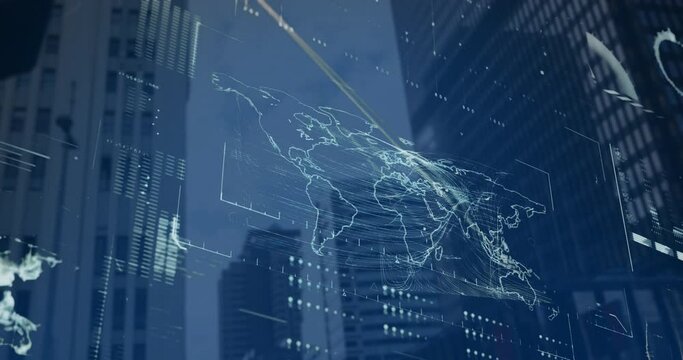 Animation of map, globe, loading bars over modern buildings against sky