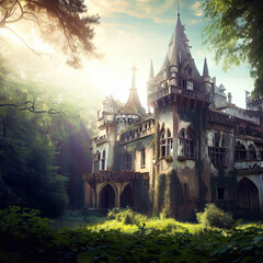 Magnificent medieval castle abandoned in a fairy tale forest Generative AI design.