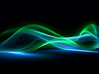 Blue green glow waves, in the style of dotted, 3d space, abstract blue lights, streamlined design, rhythmic lines, lens flare, stockphoto, backlight, no text on the picture