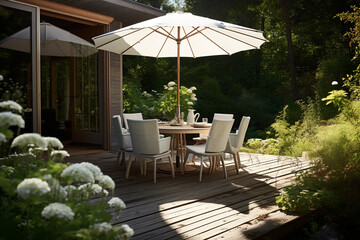 Terrace with a large parasolon a wooden floor, dining table with wooden chairs and table