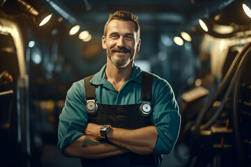 happy male mechanic standing with wrench showing his arms crossed with Generative AI