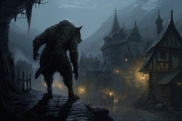 Naklejka premium Werewolf night medieval. Generate Ai