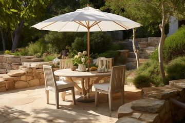 Luxury umbrella in garden. Hot summer relaxation and vacation concept