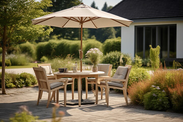 Garden chairs, garden table and parasol in the garden, cozy at home in the garden