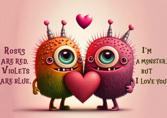 Valentine Monsters, Postcard Design A5 Created with Generative AI Tools