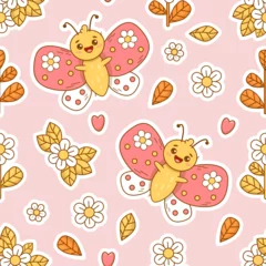 Foto op Plexiglas Seamless pattern with cute in love butterflies and flowers on light pink background. Groovy vector Illustration for Kids collection, wallpaper, design, textile, packaging, decor. © Ludmila