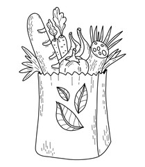 Paper bag with products. Vector illustration. linear sketch. Ecological outline bag with food - vegetables, fruits, sausage and baguette.