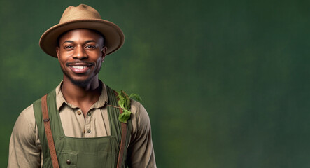 a smiling young men wearing gardener clothes in green sage background generative ai