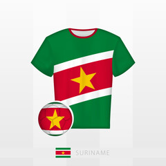 Football uniform of national team of Suriname with football ball with flag of Suriname. Soccer jersey and soccerball with flag.
