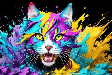 abstract cat painting on a black background, generative ai