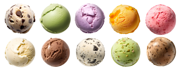 Ice cream scoop ball on transparent background cutout, top view. PNG file. Many assorted different flavour Mockup template for artwork design.