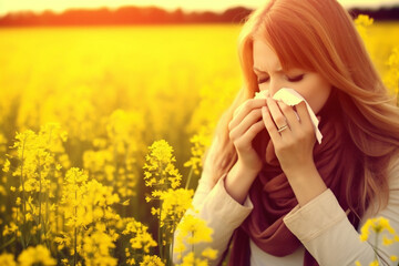 Allergic rhinitis: Image showing a person with a runny or congested nose, sneezing, and other symptoms of hay fever Generative AI - obrazy, fototapety, plakaty