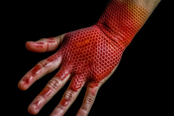 Latex allergy: Visual representation of a person wearing non-latex gloves or showing symptoms like rash or itching after contact with latex Generative AI