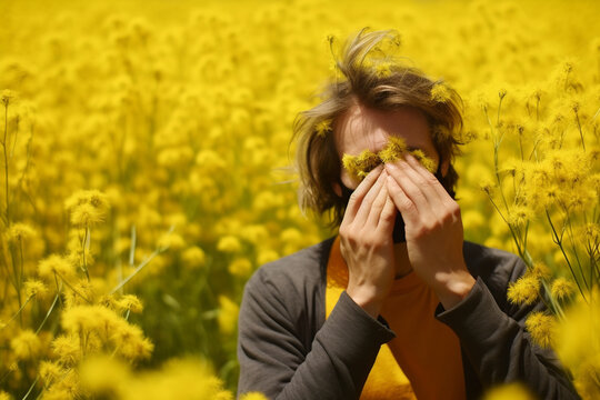 Pollen allergy: a person sneezing or rubbing their itchy eyes due to pollen exposure Generative AI