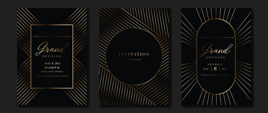 Luxury gala invitation card background vector. Golden elegant geometric shape, gradient gold lines on dark background. Premium design illustration for wedding and vip cover template, grand opening.