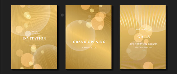 Luxury gala invitation card background vector. Golden elegant geometric shape,  gold light effect on gold background. Premium design illustration for wedding and vip cover template, grand opening.